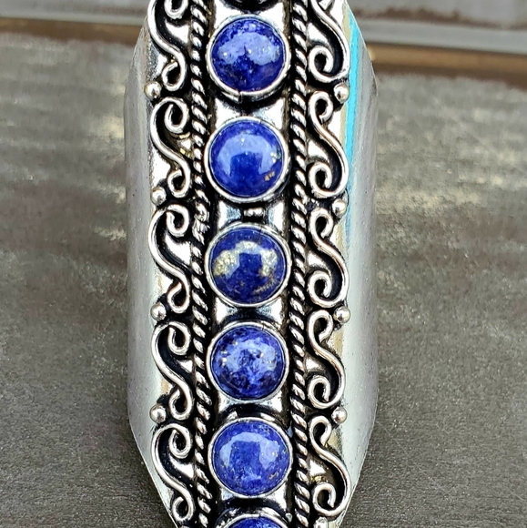 New 7 Stone Lapis Lazuli Adjustable Silver Statement Ring. - Picture 6 of 13